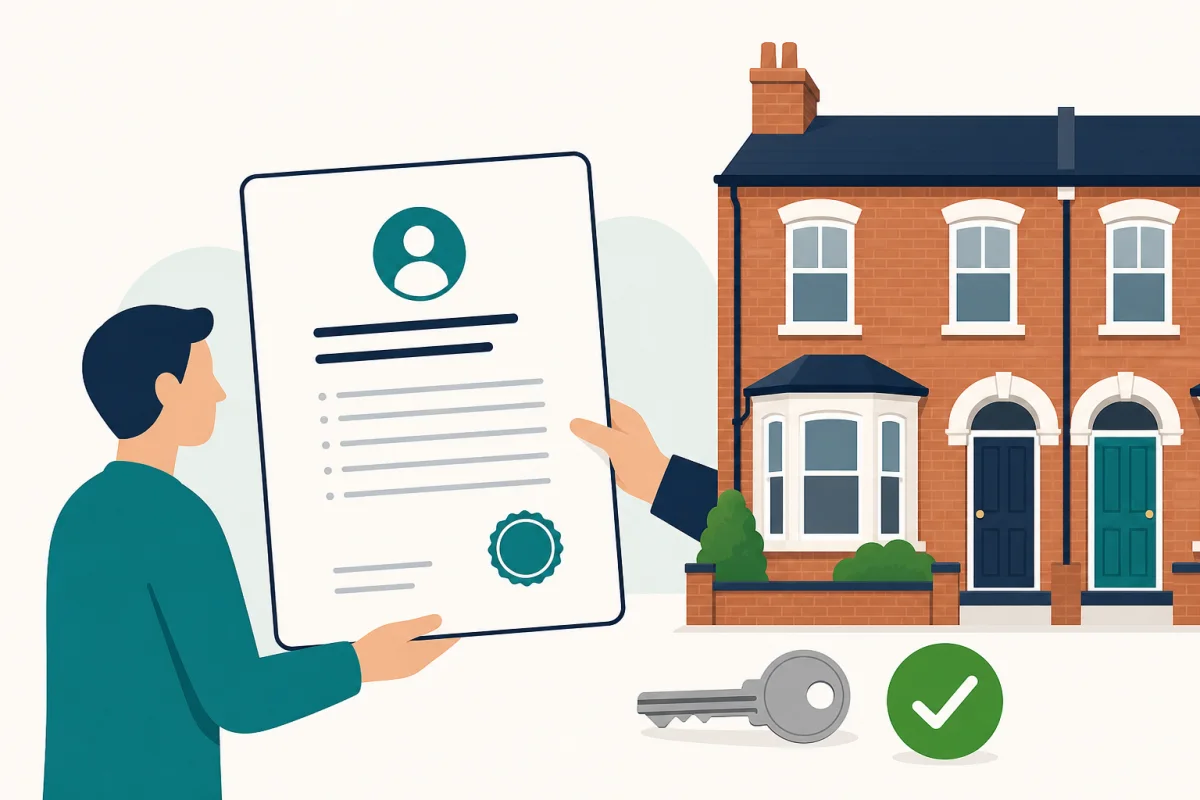 Illustration of a title register document beside a terraced house